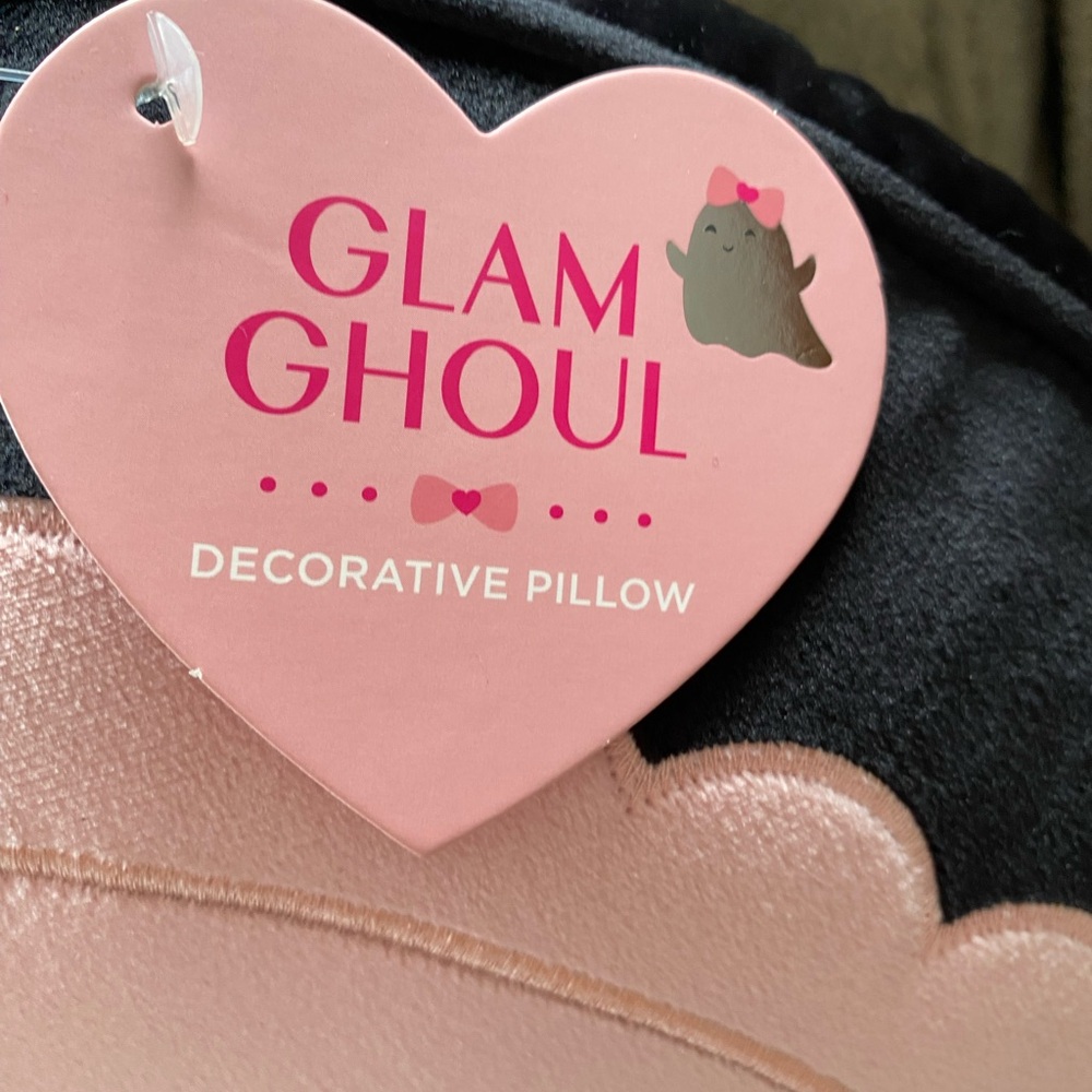 Glam Ghoul Ghost Throw Pillow Coquette Halloween Pink Black Plush Cushion - Picture 3 of 5
